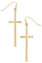 Load image into Gallery viewer, Canvas Carmi Delicate Cross Dangle Earrings in Worn Gold