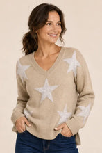 Load image into Gallery viewer, Sabrina Star Jacquard V-Neck Fuzzy Sweater - Oatmeal