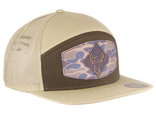 Load image into Gallery viewer, Buck Old School Camo Brown Leather Patch Hat. 7-Panel Trucker Snapback Hat. Hand Burnished Leather Patch: Brown/Khaki