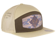 Buck Old School Camo Brown Leather Patch Hat. 7-Panel Trucker Snapback Hat. Hand Burnished Leather Patch: Brown/Khaki