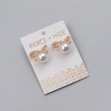 Load image into Gallery viewer, Pierce + Hide Pearl Bow Statement Stud Earrings