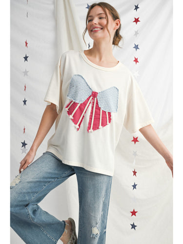 Vintage Red White & Bow Top - Cream