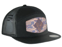Load image into Gallery viewer, Buck Old School Camo Brown Leather Patch Hat. 7-Panel Trucker Snapback Hat. Hand Burnished Leather Patch: Brown/Khaki