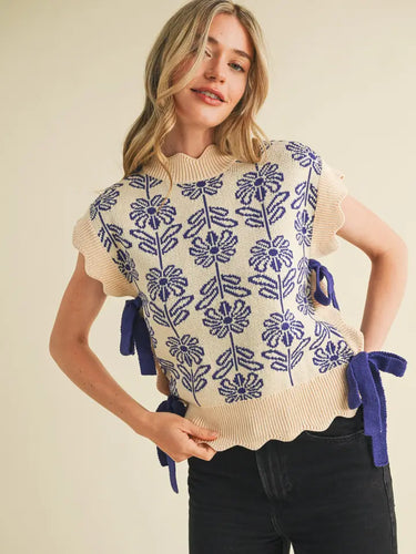 Fancy Floral Bow Tie Sweater Vest - Crown Blue