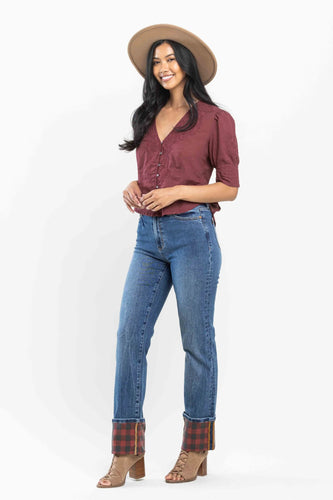 Judy Blue HW Plaid Print Cuffed Straight Jeans