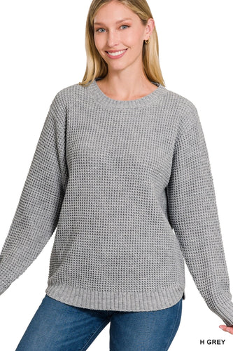 Hailey High-Low Waffle Knit Sweater - Heathered Grey