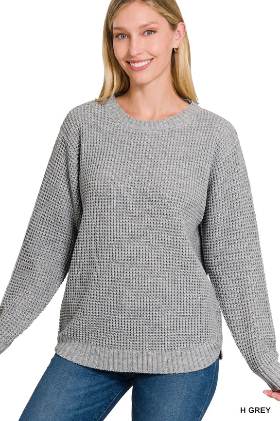 Hailey High-Low Waffle Knit Sweater - Heathered Grey
