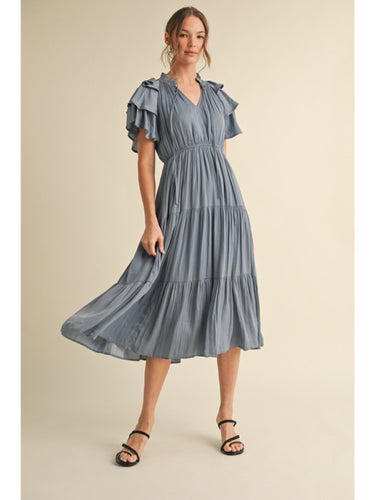 Aria Ruffle Sleeve Midi Dress - Blue *Curvy*