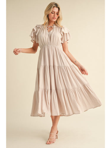 Aria Ruffle Sleeve Midi Dress - Champagne
