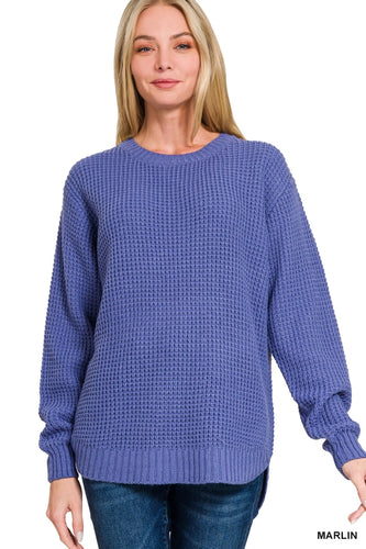 Hailey High-Low Waffle Knit Sweater - Marlin Purple