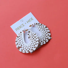 Load image into Gallery viewer, Pierce + Hide White &amp; Gold Raffia Wrapped Hoop Earrings