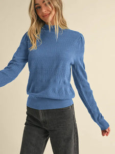 Ruth Pointelle Mock Neck Sweater - Steel Blue