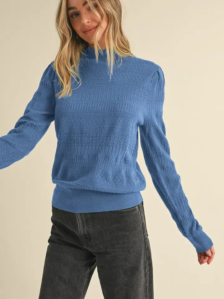 Ruth Pointelle Mock Neck Sweater Steel Blue – Specialty Design