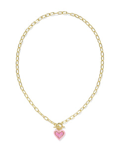 Kendra Scott Ari Heart Gold Enamel Frame Link and Chain Necklace in Pink Iridescent Glitter Glass