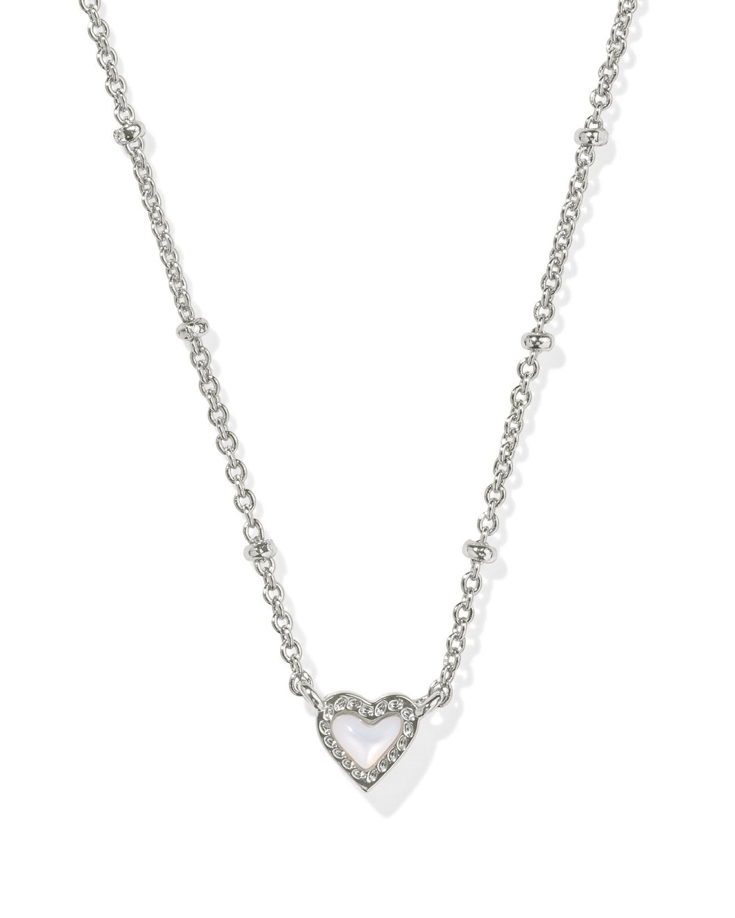 Kendra Scott Mini Ari Heart Silver Satellite Short Pendant Necklace in Ivory Mother of Pearl