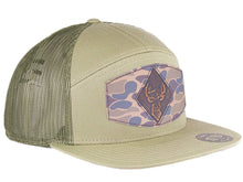 Load image into Gallery viewer, Buck Old School Camo Brown Leather Patch Hat. 7-Panel Trucker Snapback Hat. Hand Burnished Leather Patch: Brown/Khaki