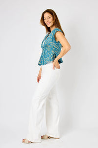 Judy Blue Hi Rise Braided Waistband Wide Leg Jeans - White