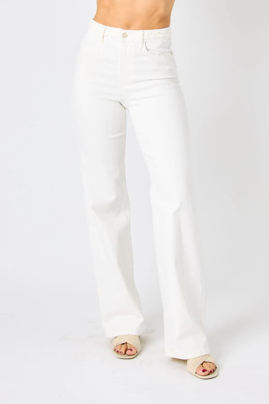 Judy Blue Hi Rise Braided Waistband Wide Leg Jeans - White