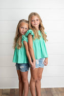Girl's Double Ruffle Flutter Sleeve Top - Turquoise