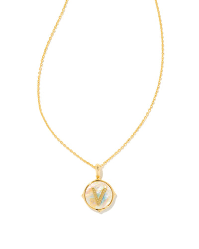 Letter V Gold Disc Reversible Pendant Necklace in Iridescent Abalone by Kendra Scott