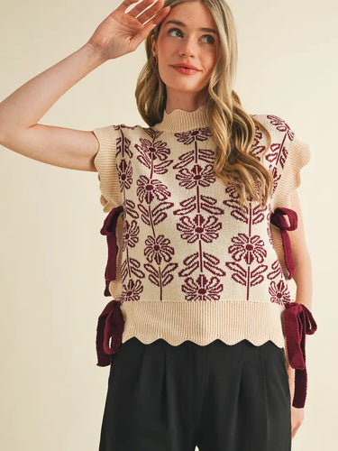 Fancy Floral Bow Tie Sweater Vest - Mauve Wine