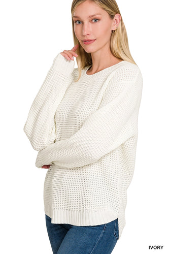 Hailey High-Low Waffle Knit Sweater - Ivory