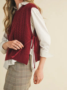 Carlie Cable Knit Side Tie Sweater Vest - Wine