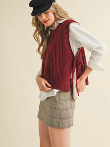 Carlie Cable Knit Side Tie Sweater Vest - Wine