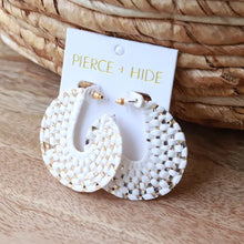 Load image into Gallery viewer, Pierce + Hide White &amp; Gold Raffia Wrapped Hoop Earrings