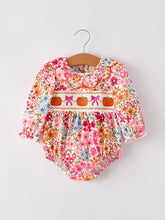 Load image into Gallery viewer, Fall Pumpkin Bow Smock Embroidered Floral Baby Girl Romper