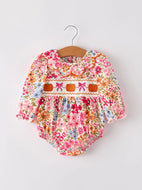 Fall Pumpkin Bow Smock Embroidered Floral Baby Girl Romper