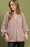 Kelly Polka Dot Textured Balloon Sleeve Blouse - Rose