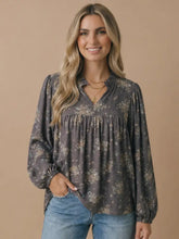 Load image into Gallery viewer, Floral Frilled Notch Neck Blouse - Charcoal
