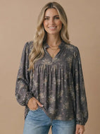 Floral Frilled Notch Neck Blouse - Charcoal