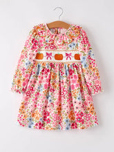 Load image into Gallery viewer, Fall Pumpkin Bow Smock Embroidered Floral Dress