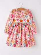 Fall Pumpkin Bow Smock Embroidered Floral Dress