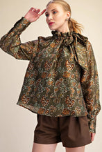 Load image into Gallery viewer, Floral Ruffle Neck Long Sleeve Blouse - Olive