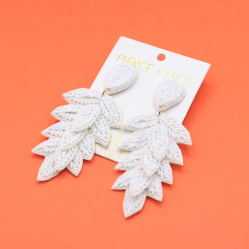 Pierce + Hide Beaded Leaf Drop Earrings - White