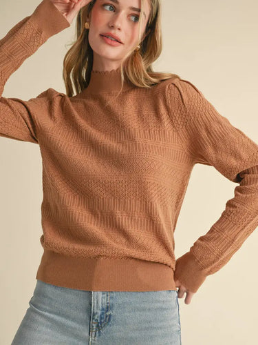 Ruth Pointelle Mock Neck Sweater - Beige