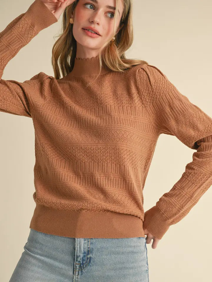 Ruth Pointelle Mock Neck Sweater - Beige