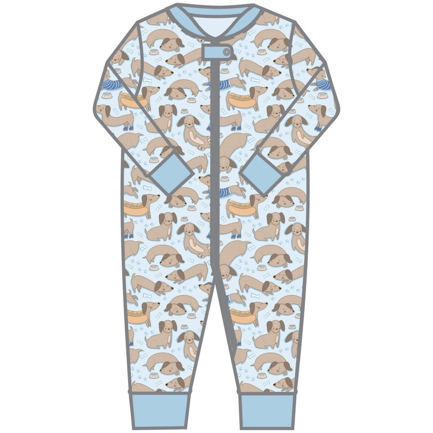 Magnolia Baby Zip Pajamas - Blue Dachshund