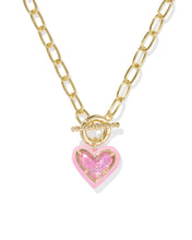 Load image into Gallery viewer, Kendra Scott Ari Heart Gold Enamel Frame Link and Chain Necklace in Pink Iridescent Glitter Glass
