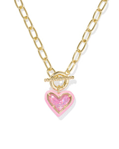 Kendra Scott Ari Heart Gold Enamel Frame Link and Chain Necklace in Pink Iridescent Glitter Glass