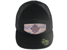 Load image into Gallery viewer, Buck Old School Camo Brown Leather Patch Hat. 7-Panel Trucker Snapback Hat. Hand Burnished Leather Patch: Brown/Khaki