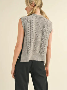 Carlie Cable Knit Side Tie Sweater Vest - Heathered Grey