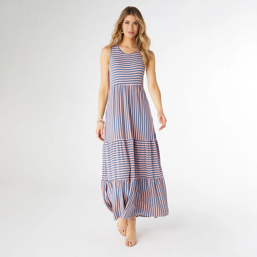 Janie Striped Tiered Maxi Dress - Pink & Blue