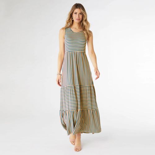 Janie Striped Tiered Maxi Dress - Teal & Coral