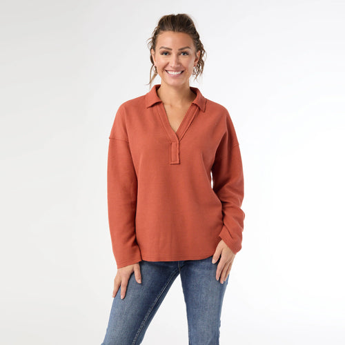 Michela Long Sleeve V-Neck Top - Rust