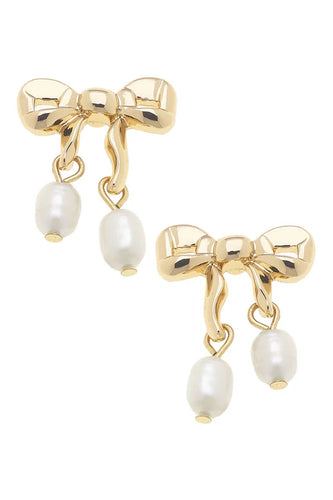 Canvas Tessa Pearl Bow Stud Earrings in Shiny Gold