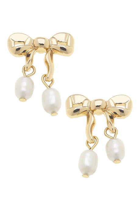 Canvas Tessa Pearl Bow Stud Earrings in Shiny Gold